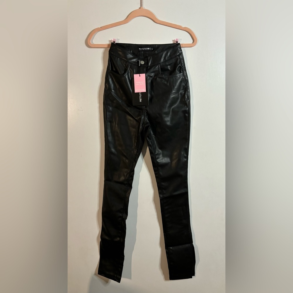 Black Faux Leather Split Hem Straight Leg Pant